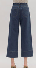 Load image into Gallery viewer, Solid wide-leg ankle-length pants featuring wide cuff hem. Button fly-front zipper closure with pockets at front and back