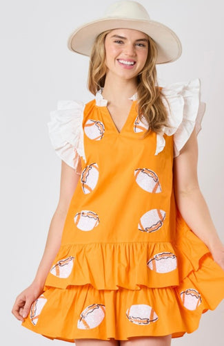 Orange Sequin Football Dress w/ Short White Sleeve Ruffles