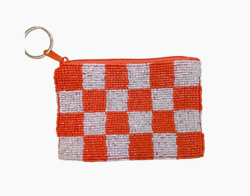 Orange Checker Beaded Coin Pouch 5”x4”