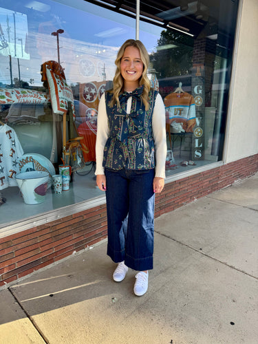 Navy Floral Self Tie Quilted Vest