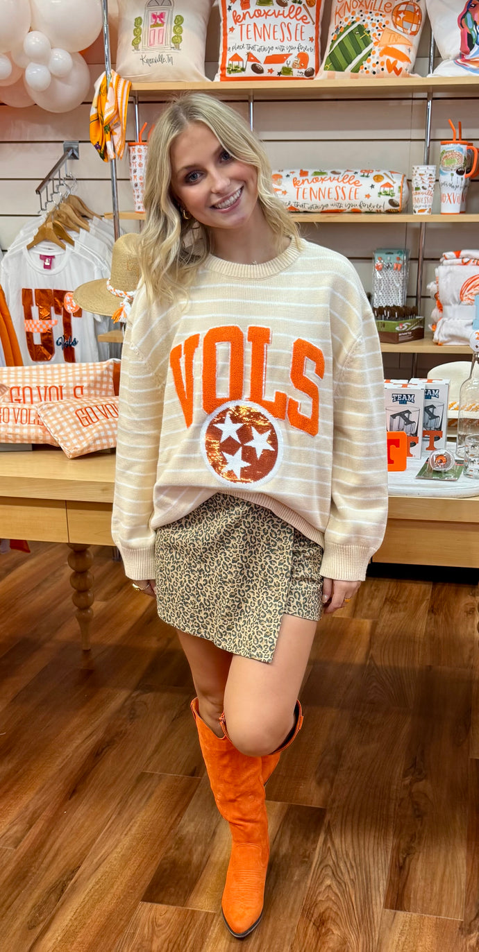 Queen of Sparkles Tennessee VOLS Vintage Beige Stripe Sweater