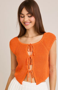 Orange Open Front Tie Crochet Sweater