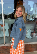 Load image into Gallery viewer, Frayed Denim Jacket w/ Power T on Shoulder