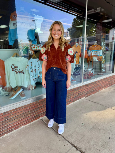 Brown Floral Sleeve Suede Top