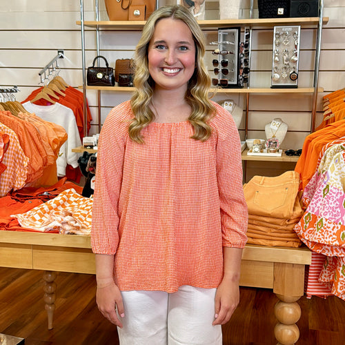 Orange Gingham Gathered Blouse