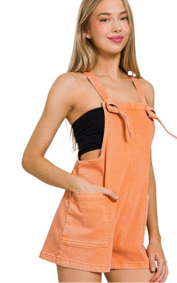 Orange Washed Knot Strap Romper