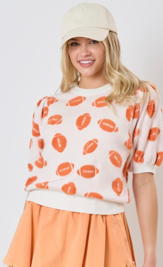 White/Orange Scattered Football Puff Sleeve Sweater