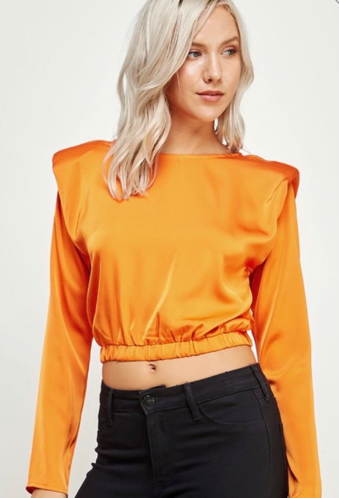 Shoulder Pad Cropped Satin Top