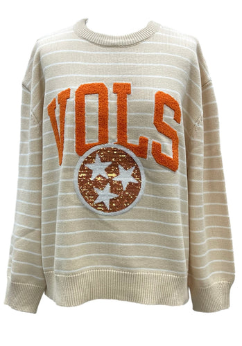 Queen of Sparkles Tennessee VOLS Vintage Beige Stripe Sweater