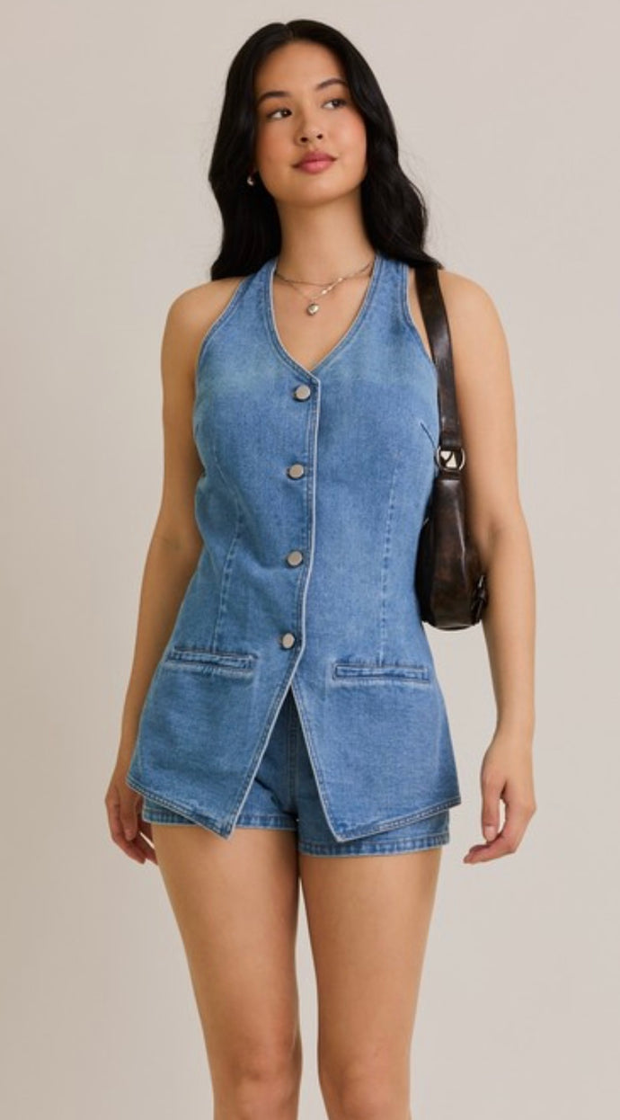 Denim Vest Style Romper w/ Micro Shorts