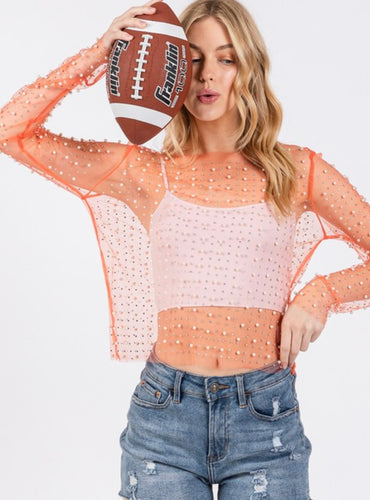 Orange Rhinestone and Pearl Studded Cheer Top