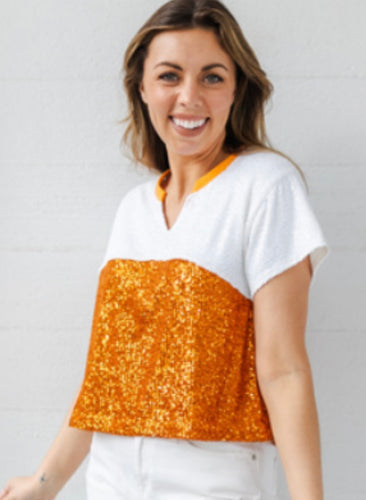 Diane Orange Sequin Color Block Top