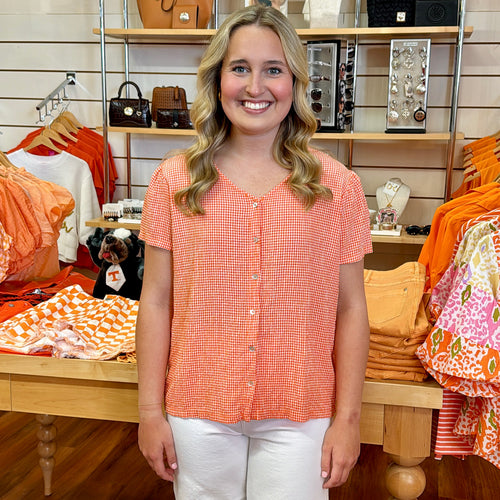 Orange Gingham V Neck Button Down Top