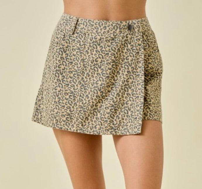 Denim Leopard Print Wrap Skort