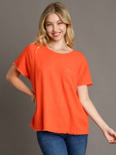 Orange Cotton Linen Blend Top w/ Pocket