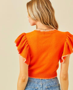 Sunkist Ruffle Sleeves White Trim Crop Sweater