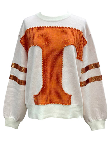 Queen of Sparkles Front and Back  Power T Pearl and Rhinestone Sweater