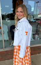 Load image into Gallery viewer, White Denim Frayed Jacket w/ Power T on Shoulder