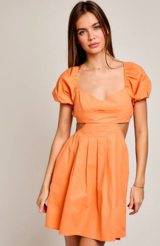 Orange Open Back Tie Pleat Mini Dress