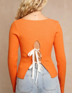 Boat Neck Long Sleeve Back Bow Sweater