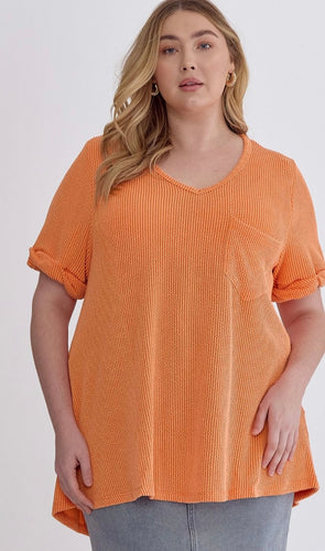 Curvy Girl Orange Waffle Knit V-Neck Top