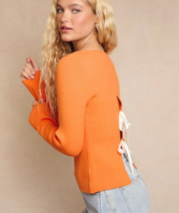 Boat Neck Long Sleeve Back Bow Sweater