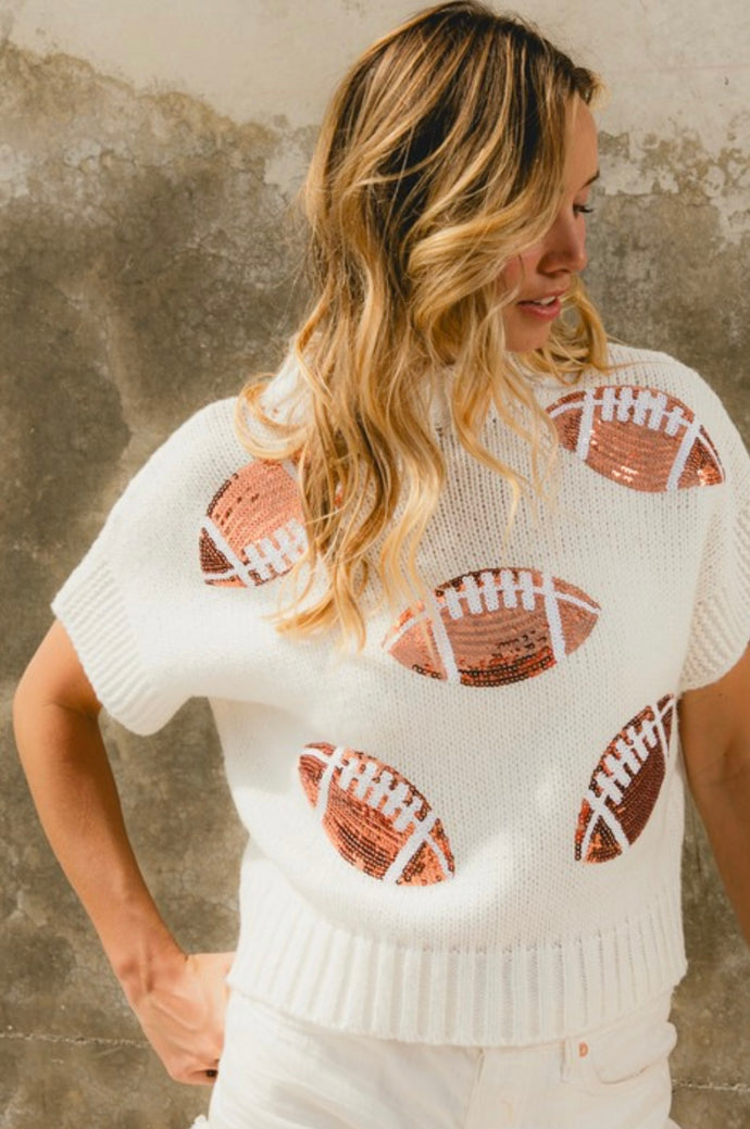Ivory Sequin w/ Orange Footballs Sweater