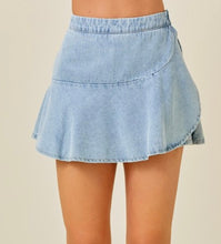 Load image into Gallery viewer, Denim Front Wrap Mini Skort w/ Ruffles