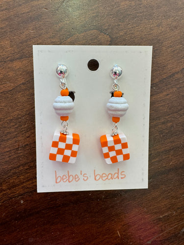 Clip On Orange Checkered Earrings