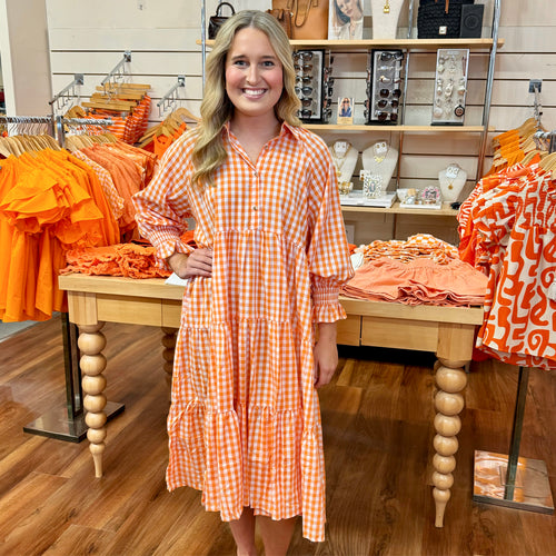 Orange Gingham Flowy Midi Dress