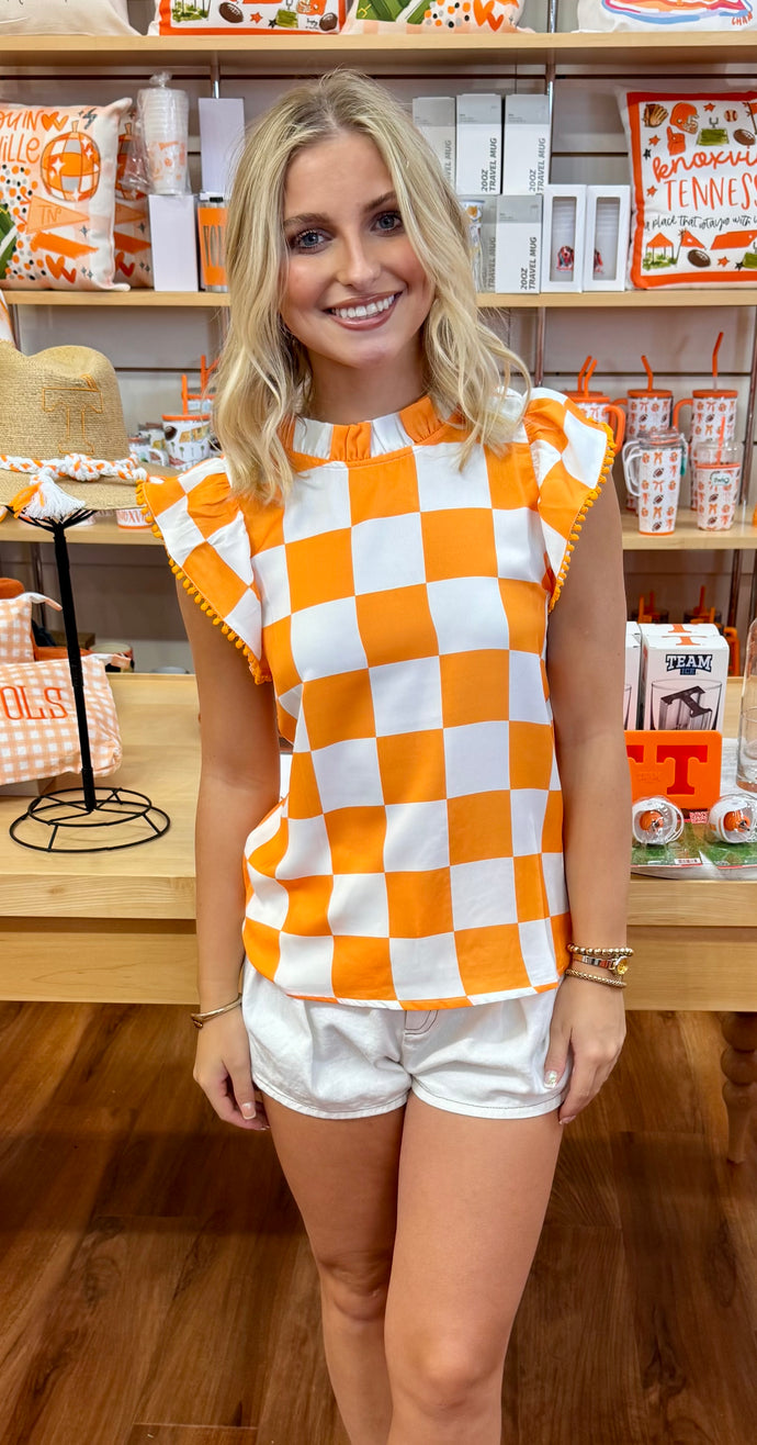 Checker Poly Sleeve Ruffle Top