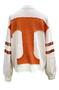 Queen of Sparkles Front and Back  Power T Pearl and Rhinestone Sweater