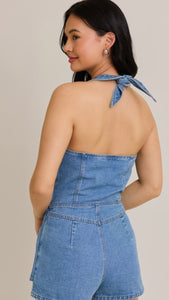 Denim Vest Style Romper w/ Micro Shorts