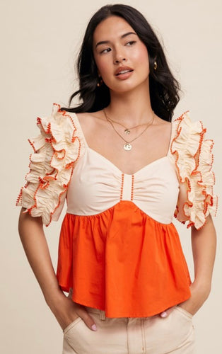 Orange Color Block Ruffle Top