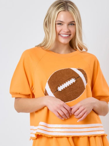 Orange Cotton Terry Football Embroidery Puff Sleeve Top