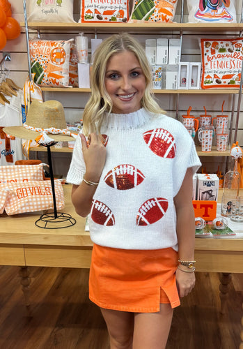 Ivory Sequin w/ Orange Footballs Sweater