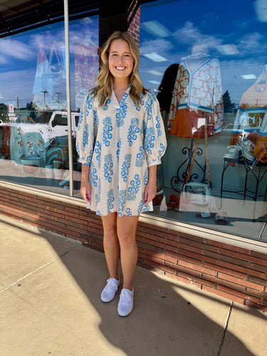 Blue and Cream Floral Dress