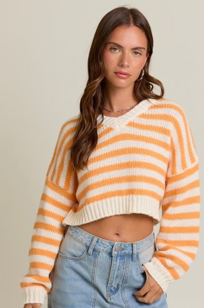 Orange and White Cropped Stripe Sweater