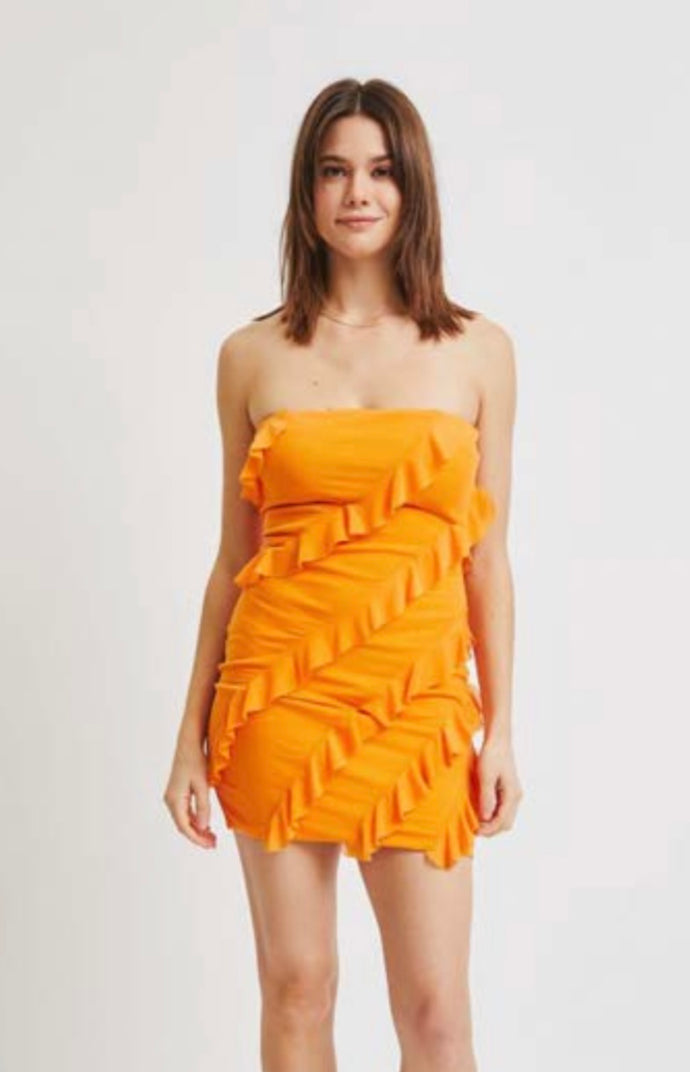 Orange Ruffle Detail Tube Dress