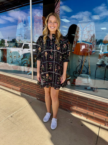 Black Floral Dress w/ Back Draw String Tie
