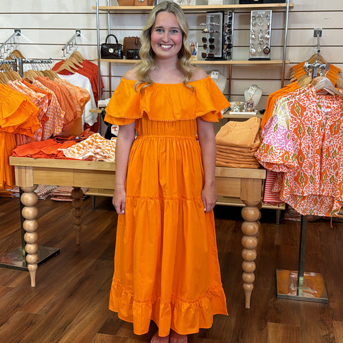 Emery Tangerine On/Off Shoulder Maxi Dress