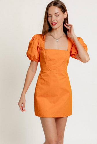 Orange Square Neck Puff Sleeve Dress