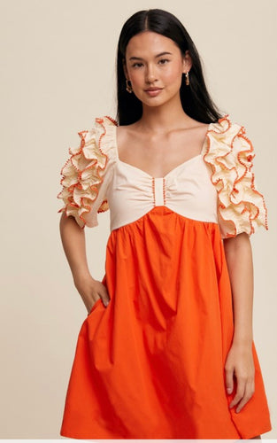 Orange Color Block Ruffle Dress