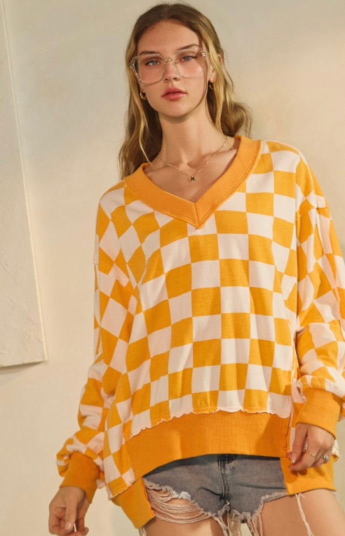 Checker Oversized V-Neck Sweatshirt w/ Raw Edge