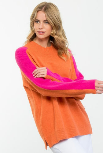 Orange Color Block Sleeve Sweater