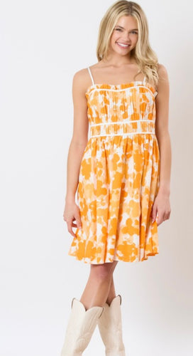 Orange and White Brushed Print Dress