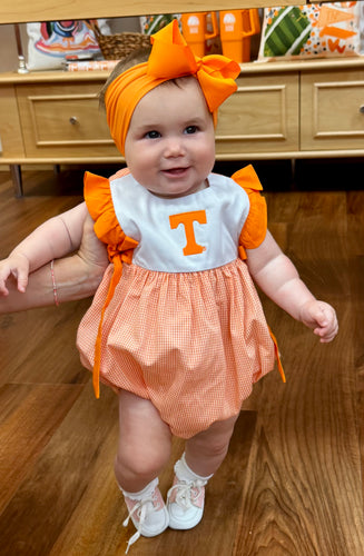 Tennessee Embroidered Orange Gingham Girls/Baby Bubble Romper