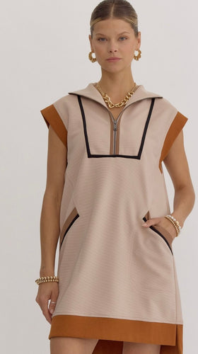 Light Taupe Textured Zip Mini Dress