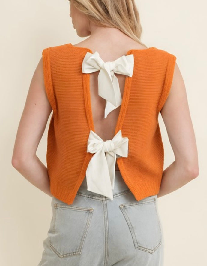 Solid Orange Sleeveless Sweater / Open Back Tie