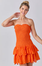 Load image into Gallery viewer, Orange Smocked Eyelet Strapless Dress